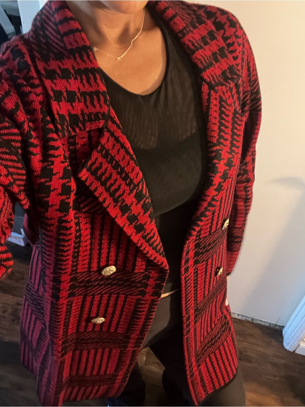 Anne Klein Red Black Houndstooth Sweater Blazer Jacket L Gold Buttons Knit